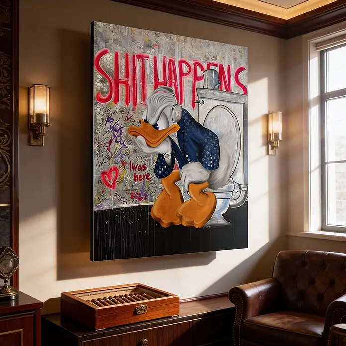 Dotcomcanvas Decopanel - Shit happens, B x H: 40 x 50 cm - Großes, farbenfrohes Pop-Art-Gemälde von Donald Duck auf einer Toilette mit dem Text „Shit Happens“, an einer Wand in einem Zimmer.