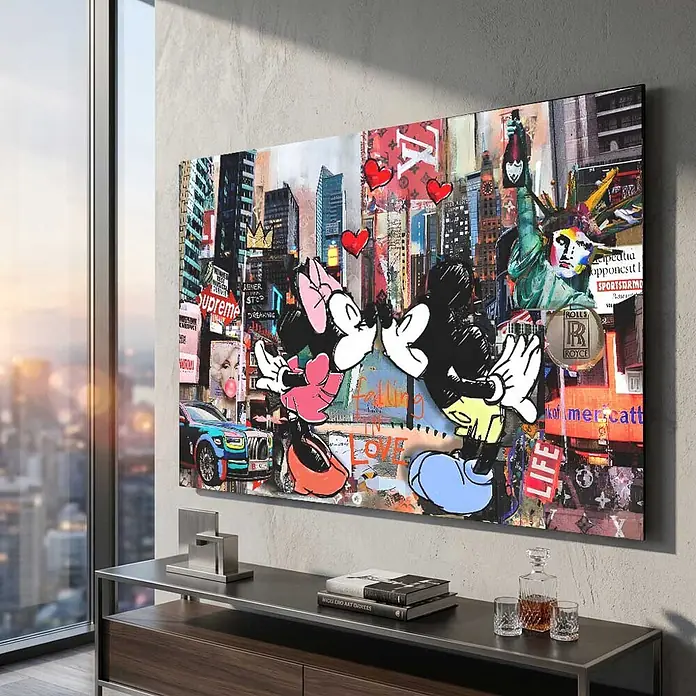 Dotcomcanvas Decopanel - Kiss in New York City, B x H: 90 x 58 cm - Großes Pop-Art-Wandbild von Micky und Minnie, die sich in einer lebendigen Stadtcollage küssen, schmückt ein modernes Wohnzimmer.