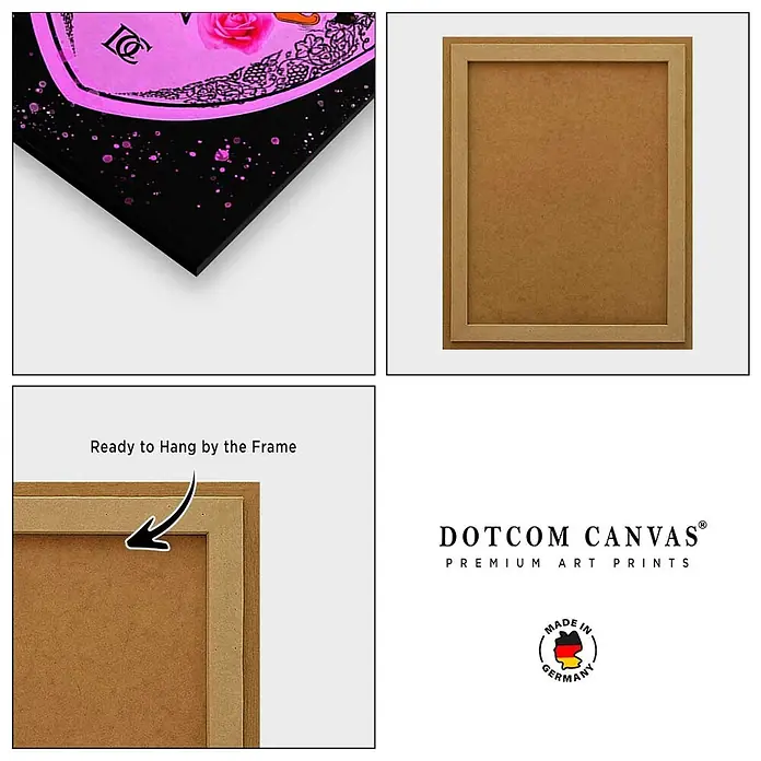 Dotcomcanvas Decopanel - Love Champagne, B x H: 58 x 90 cm - Ein pink-schwarz gerahmter Leinwanddruck, von vorne und hinten mit naturfarbenem Holzrahmen gezeigt, fertig zum Aufhängen.