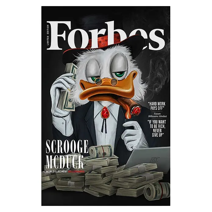 Dotcomcanvas Decopanel - Billionaire Duck, B x H: 58 x 90 cm - Forbes-Magazin-Cover mit reichem Dagobert Duck im Anzug, der Geld hält und Zigarre raucht.