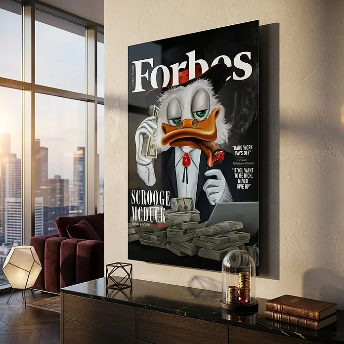 Dotcomcanvas Decopanel - Billionaire Duck, B x H: 58 x 90 cm - "Forbes"-Magazin-Cover-Wandbild mit Dagobert Duck als reichem Geschäftsmann, in modernem Interieur aufgehängt.