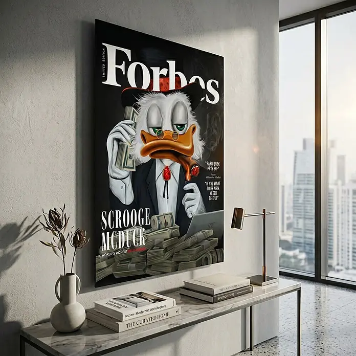 Dotcomcanvas Decopanel - Billionaire Duck, B x H: 58 x 90 cm - Großes gerahmtes Poster mit Dagobert Duck auf einem Forbes-Cover, an einer strukturierten Wand in einem modernen Wohnraum über einer Konsole.