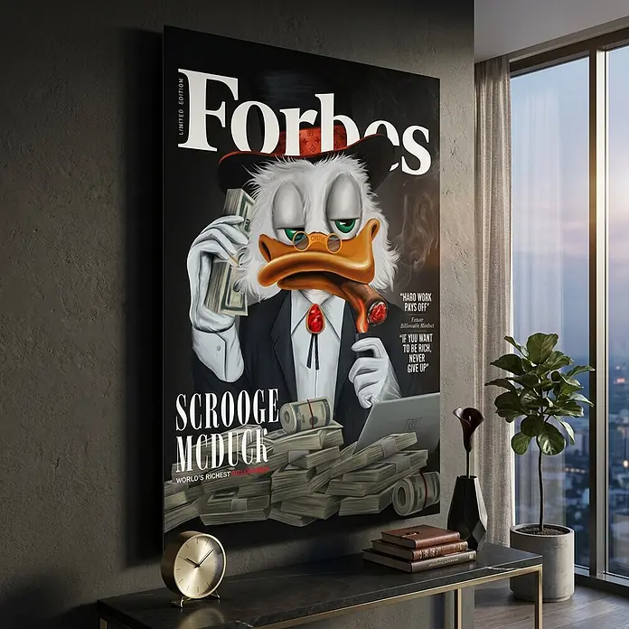 Dotcomcanvas Decopanel - Billionaire Duck, B x H: 58 x 90 cm - Großes gerahmtes Bild von Dagobert Duck auf einem Forbes-Cover, Geld haltend und Zigarre rauchend, in modernem Raum.