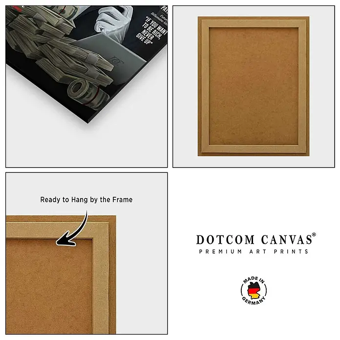 Dotcomcanvas Decopanel - Billionaire Duck, B x H: 58 x 90 cm - Leinwanddruck mit Geldmotiv und Zitat, auf natürlichem Holzrahmen montiert, fertig zum Aufhängen.