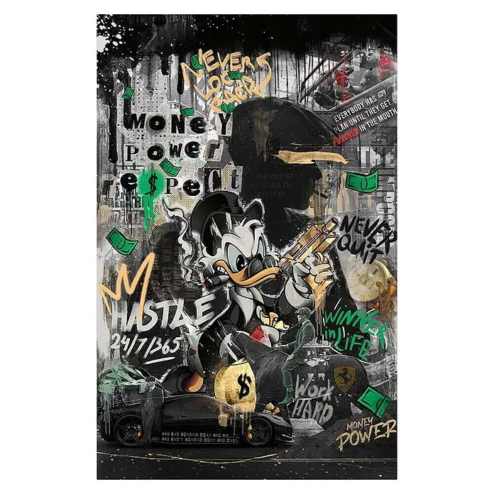 Dotcomcanvas Decopanel - Respect, B x H: 58 x 90 cm - Dunkles Pop-Art-Leinwandbild mit Donald Duck, goldener Waffe, Luxusauto und Texten zum Thema Ehrgeiz.