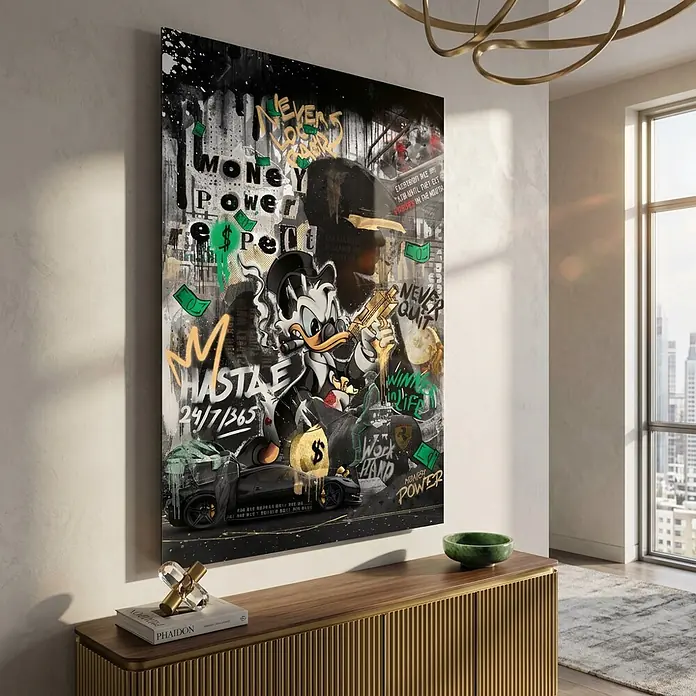 Dotcomcanvas Decopanel - Respect, B x H: 58 x 90 cm - Großes, farbenfrohes Pop-Art-Leinwandbild mit Dagobert Duck, Graffiti-Text und Geldmotiven, in einem modernen Wohnzimmer.