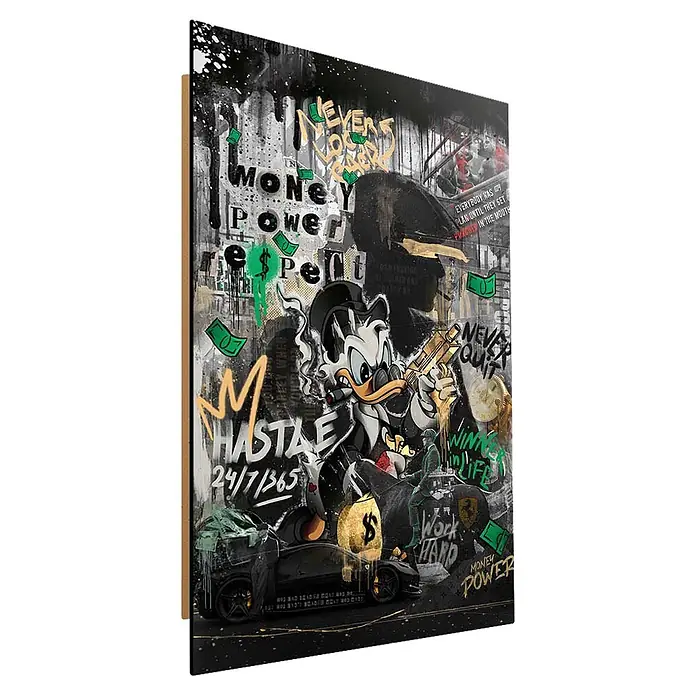 Dotcomcanvas Decopanel - Respect, B x H: 58 x 90 cm - Urbanes Pop-Art-Leinwandbild mit einem Entencharakter, goldener Waffe, Geldsymbolen, Luxusauto und motivierendem Graffiti-Text.