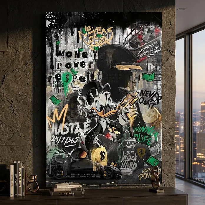 Dotcomcanvas Decopanel - Respect, B x H: 58 x 90 cm - Großes Graffiti-Leinwandbild mit Donald Duck, Luxusauto und motivierenden Texten wie "Money Power Respect".