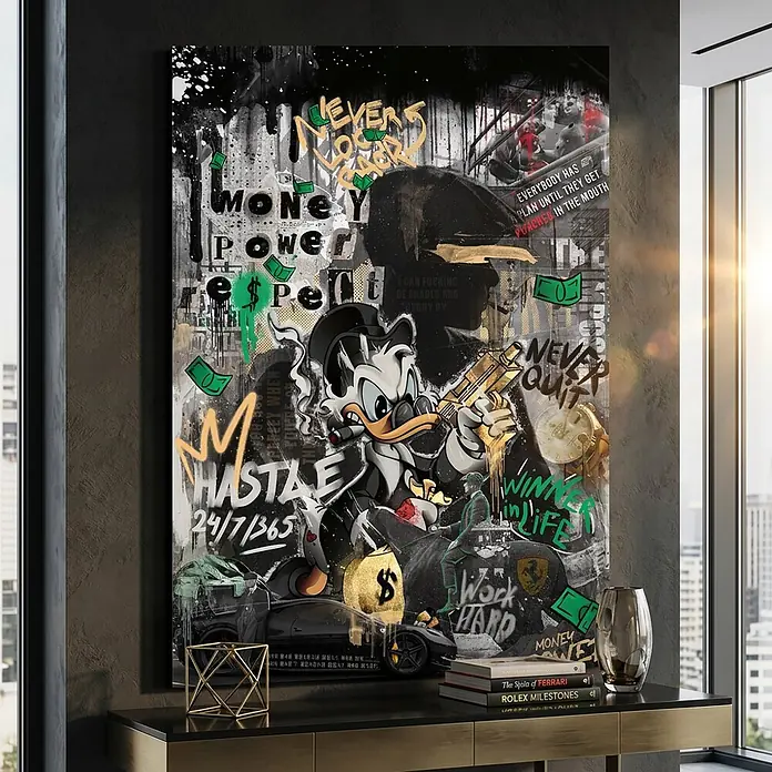 Dotcomcanvas Decopanel - Respect, B x H: 58 x 90 cm - Großer Pop-Art-Leinwanddruck mit Donald Duck, Graffiti-Text und urbanen Elementen.