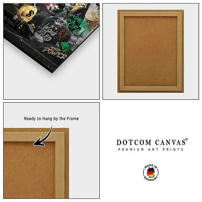 Dotcomcanvas Decopanel - Respect, B x H: 58 x 90 cm - Ein gerahmter Leinwanddruck mit "Money Power Work Hard"-Design, mit hellem Holzrahmen, fertig zum Aufhängen gezeigt.