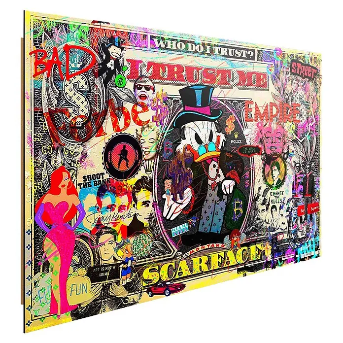 Dotcomcanvas Decopanel - I trust me, B x H: 78 x 116 cm - Lebendiger Pop-Art-Collage-Druck auf Leinwand mit kulturellen Ikonen, Text und Markenelementen im Graffiti-Stil.