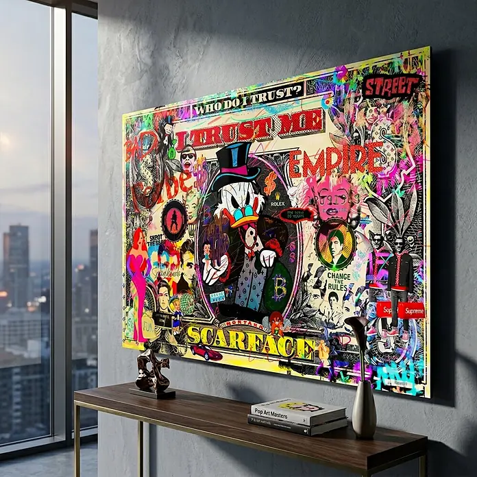Dotcomcanvas Decopanel - I trust me, B x H: 78 x 116 cm - Großes, lebendiges Pop-Art-Leinwandbild mit Zeichentrickente und Popkultur-Referenzen, an einer Wand über einer Konsole in einem modernen Raum.