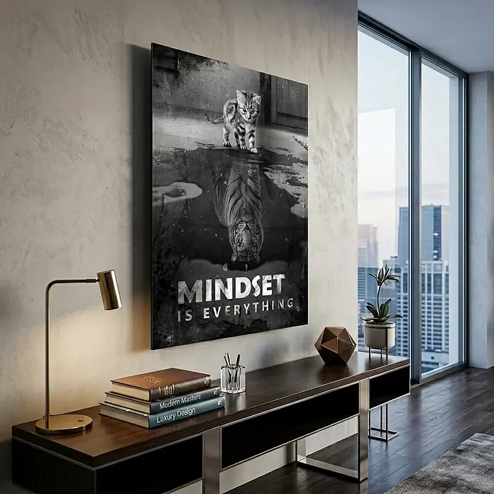 Dotcomcanvas Decopanel - Mindset is everything, B x H: 40 x 54 cm - Schwarz-weißes Leinwandbild mit einem Kätzchen, dessen Spiegelbild ein Tiger ist, und dem Text 'MINDSET IS EVERYTHING' in einem modernen Raum.