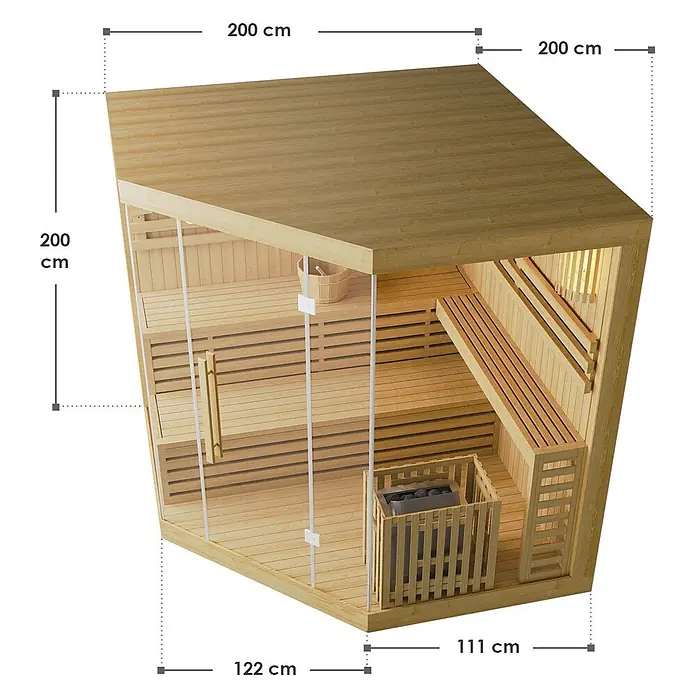Artsauna Elementsauna Espoo - L x B x H: 200 x 200 x 200 cm - Ecksaunakabine aus Holz mit transparenter Glasfront, Innenbänken und Ofen.