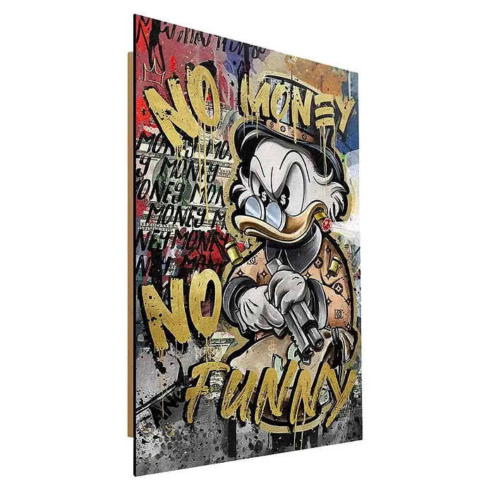Dotcomcanvas Decopanel - No Money Duck, B x H: 58 x 90 cm - Buntes Pop-Art-Leinwandbild: Ente im Anzug mit Waffe, goldenem Graffiti 'NO MONEY NO FUNNY' und Dollarnoten-Hintergrund.