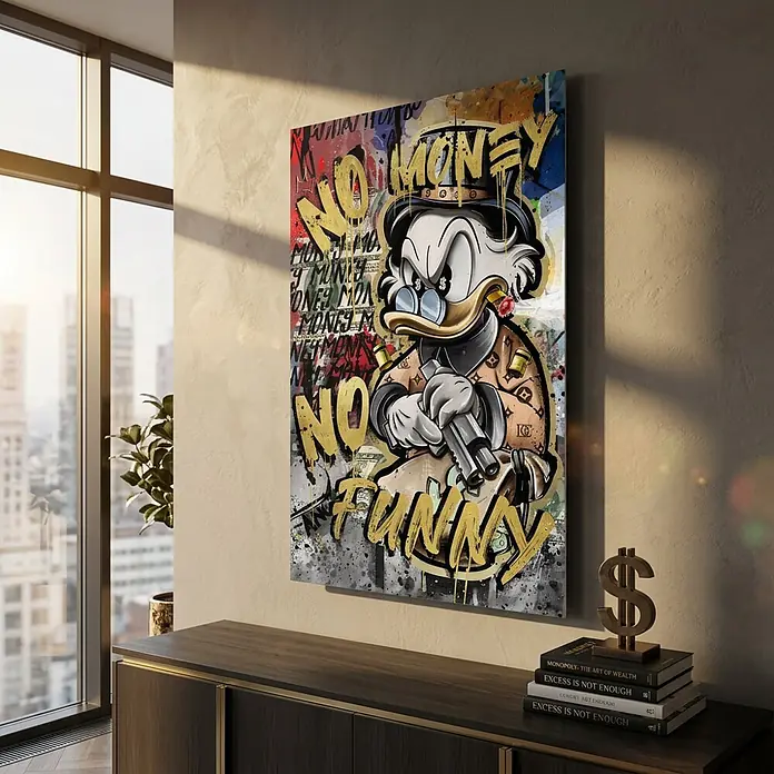 Dotcomcanvas Decopanel - No Money Duck, B x H: 58 x 90 cm - Großes, farbenfrohes Leinwandbild von Dagobert Duck mit Pistole und "NO MONEY NO FUNNY"-Text, an der Wand über einem Holztisch.