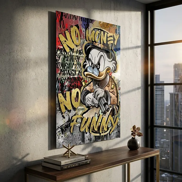 Dotcomcanvas Decopanel - No Money Duck, B x H: 58 x 90 cm - Farbenfrohes Graffiti-Kunstwerk mit einer Entenfigur und 'NO MONEY NO FUNNY' Text, als Wandbild in einem modernen Raum ausgestellt.