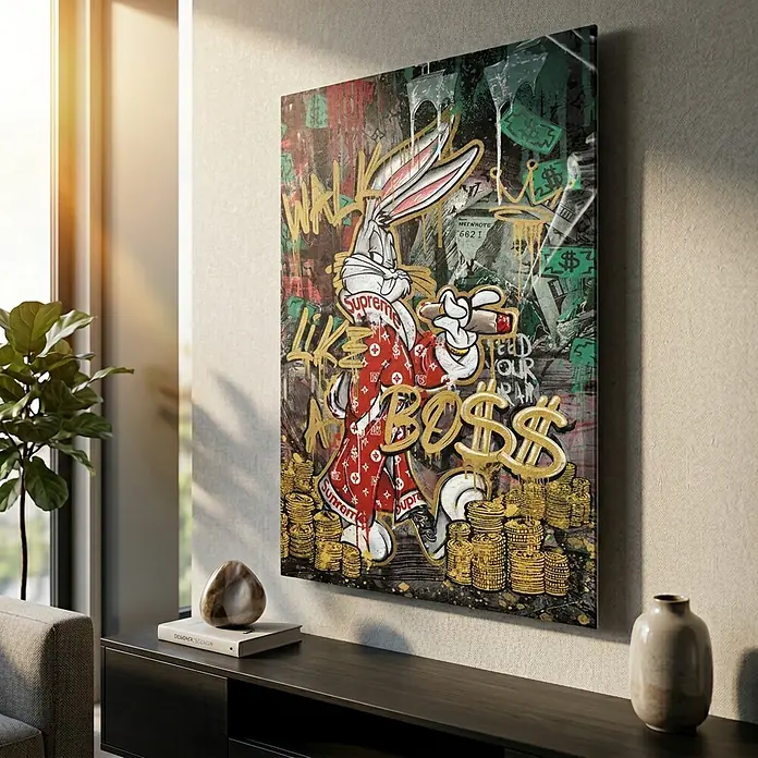 Dotcomcanvas Decopanel - Walk Like a Boss, B x H: 58 x 90 cm - Großer Leinwanddruck von Bugs Bunny im roten Supreme-Outfit, Zigarre rauchend, umgeben von Geld und Graffiti an einer Wand.