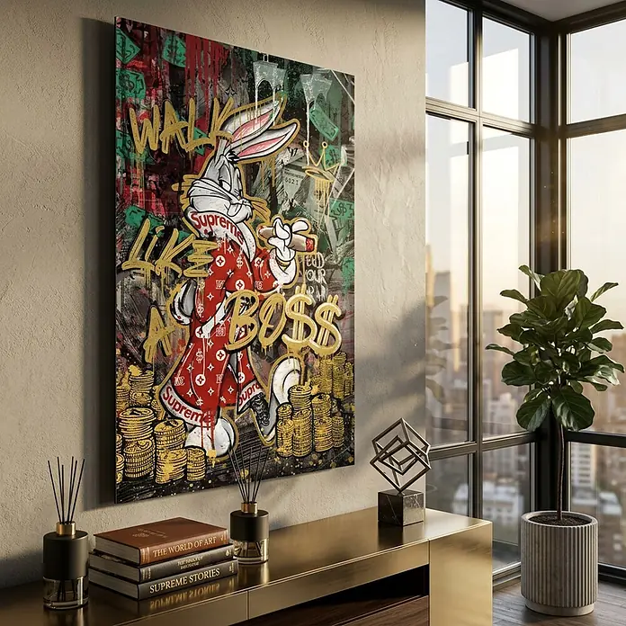 Dotcomcanvas Decopanel - Walk Like a Boss, B x H: 58 x 90 cm - Großes Street-Art-Leinwandbild mit Bugs Bunny in Supreme-Outfit, Zigarre rauchend, umgeben von Geld, Text "WALK LIKE A BOSS", in modernem Raum.