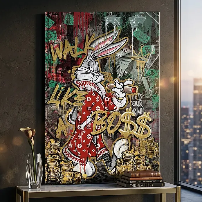Dotcomcanvas Decopanel - Walk Like a Boss, B x H: 58 x 90 cm - Pop-Art-Leinwanddruck mit Bugs Bunny in Supreme-Outfit, Geldmotiven und Graffiti, in einem modernen Raum.