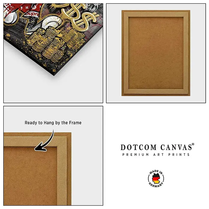 Dotcomcanvas Decopanel - Walk Like a Boss, B x H: 58 x 90 cm - Ein gerahmter Leinwanddruck mit goldenem Dollarzeichen-Design, detailliert mit Holzrahmen zum Aufhängen. Inklusive 'Made in Germany' Branding.