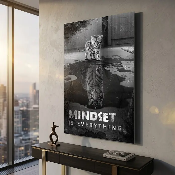 Dotcomcanvas Decopanel - Mindset is Everything, B x H: 58 x 90 cm - Großer Schwarz-Weiß-Leinwanddruck mit Kätzchen und Tiger-Reflexion, Text „MINDSET IS EVERYTHING“, an der Wand in modernem Raum.