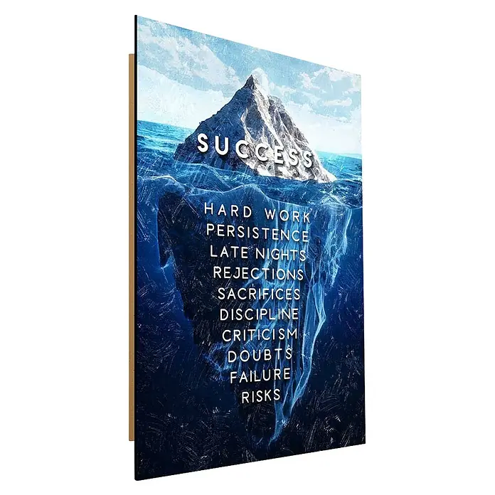 Dotcomcanvas Decopanel - Iceberg of Success, B x H: 58 x 90 cm - Motivationsposter mit Eisberg, 'SUCCESS' über Wasser und Faktoren wie 'HARD WORK' unter der Oberfläche.