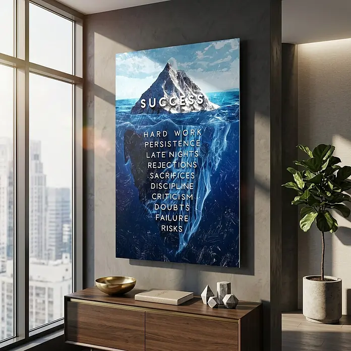 Dotcomcanvas Decopanel - Iceberg of Success, B x H: 58 x 90 cm - Leinwandbild eines Eisbergs mit „SUCCESS“ über und motivierenden Worten unter Wasser, an einer Wand in einem modernen Raum.
