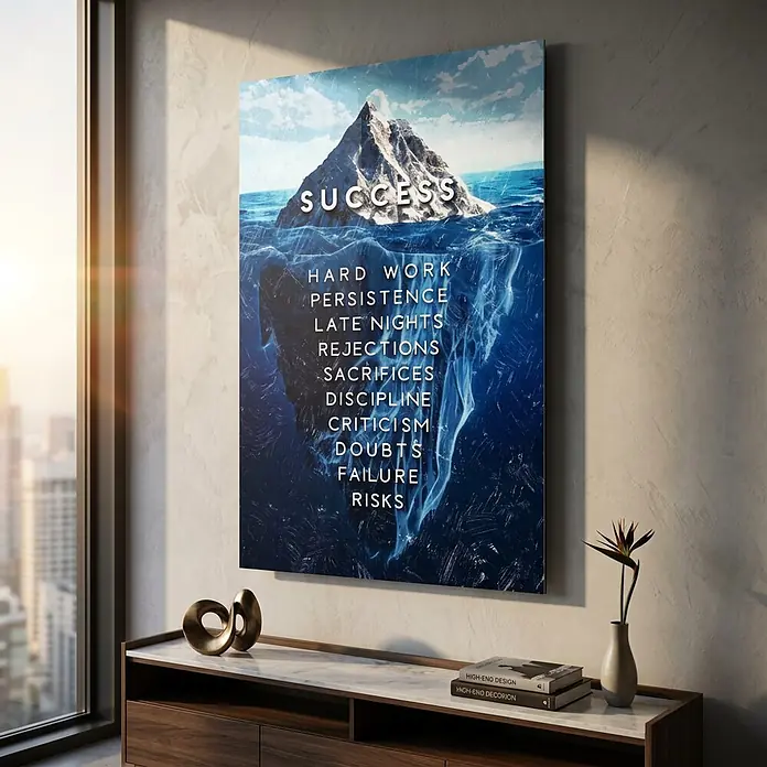 Dotcomcanvas Decopanel - Iceberg of Success, B x H: 58 x 90 cm - Motivations-Leinwandbild mit Eisberg-Metapher für Erfolg, sichtbar über Wasser und verborgene Herausforderungen darunter.