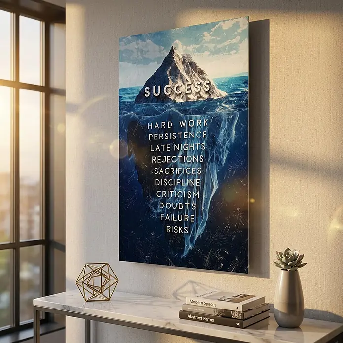 Dotcomcanvas Decopanel - Iceberg of Success, B x H: 58 x 90 cm - Motivierender Leinwanddruck mit Eisberg-Grafik: 'SUCCESS' über Wasser, Herausforderungen darunter. Wanddekoration.