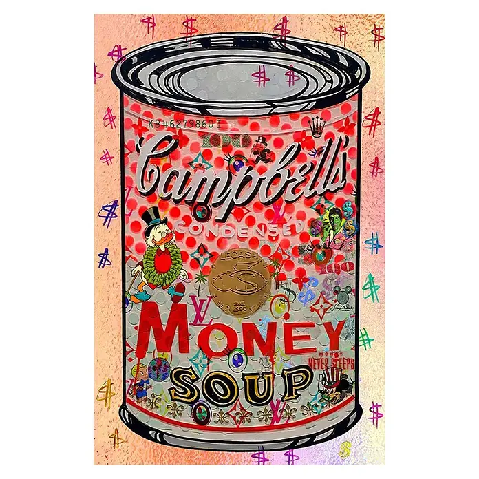 Dotcomcanvas Decopanel - The Soup of Success, B x H: 58 x 90 cm - Farbenfroher Pop-Art-Druck einer Campbell's Suppendose, beschriftet mit „MONEY SOUP“, mit Dollarzeichen, Luxuslogos und Cartoon-Figuren.