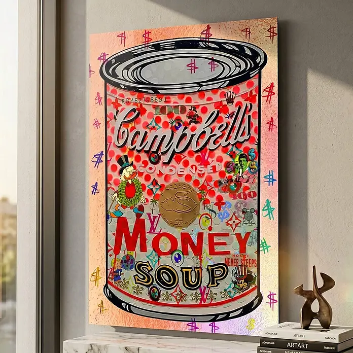 Dotcomcanvas Decopanel - The Soup of Success, B x H: 58 x 90 cm - Großes Pop-Art-Leinwandbild einer Campbell's Suppendose mit 'Money Soup'-Text, Dollarzeichen und Popkultur-Ikonen, an einer Wand montiert.