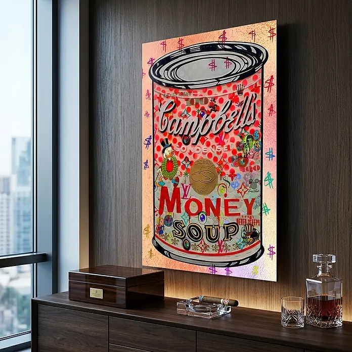 Dotcomcanvas Decopanel - The Soup of Success, B x H: 58 x 90 cm - Großes Pop-Art-Leinwandbild, stilisierte Campbell's-Suppendose mit 'Money Soup', in modernem Raum über Holzschrank hängend.