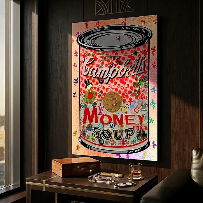Dotcomcanvas Decopanel - The Soup of Success, B x H: 58 x 90 cm - Große Pop-Art-Leinwand mit "Campbell's MONEY SOUP" Motiv, auf luxuriöser dunkler Holzwand in anspruchsvollem Interieur.