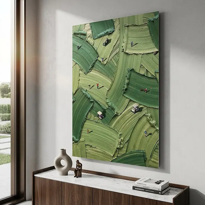 Dotcomcanvas Decopanel - Golf in Action, B x H: 58 x 90 cm - Großes, strukturiertes grünes Kunstwerk mit Miniaturgolfszenen, hängt in einem modernen Raum über einem Schrank.