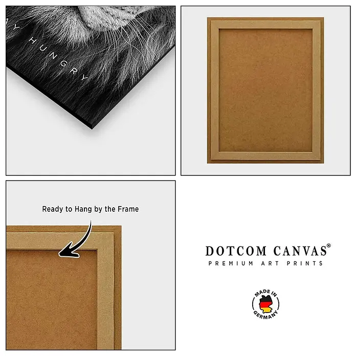 Dotcomcanvas Decopanel - Hungry Face, B x H: 58 x 90 cm - Schwarz-weißes Löwen-Leinwandbild mit Naturholzrahmen, von vorne und hinten gezeigt, fertig zum Aufhängen.