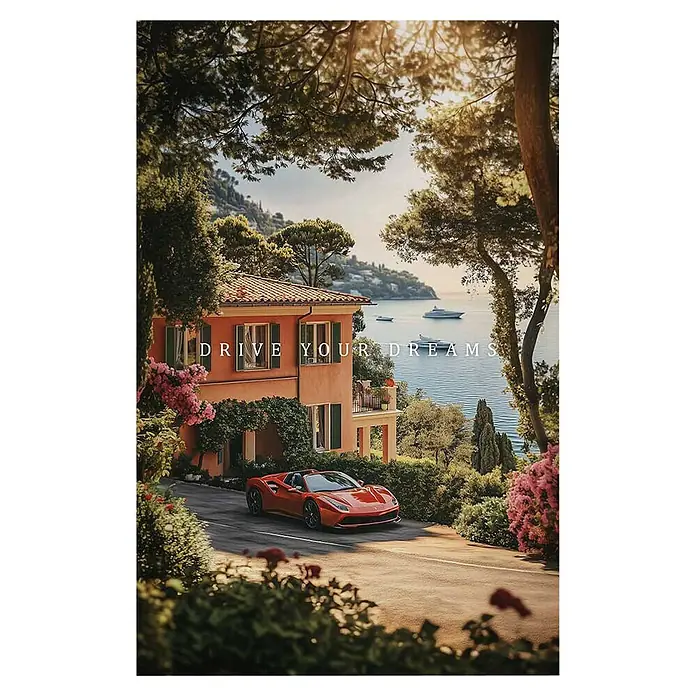 Dotcomcanvas Decopanel - Drive Your Dreams, B x H: 58 x 90 cm - Roter Sportwagen vor einem schönen Haus am Meer, auf dem 'DRIVE YOUR DREAMS' steht, umgeben von üppiger mediterraner Vegetation.