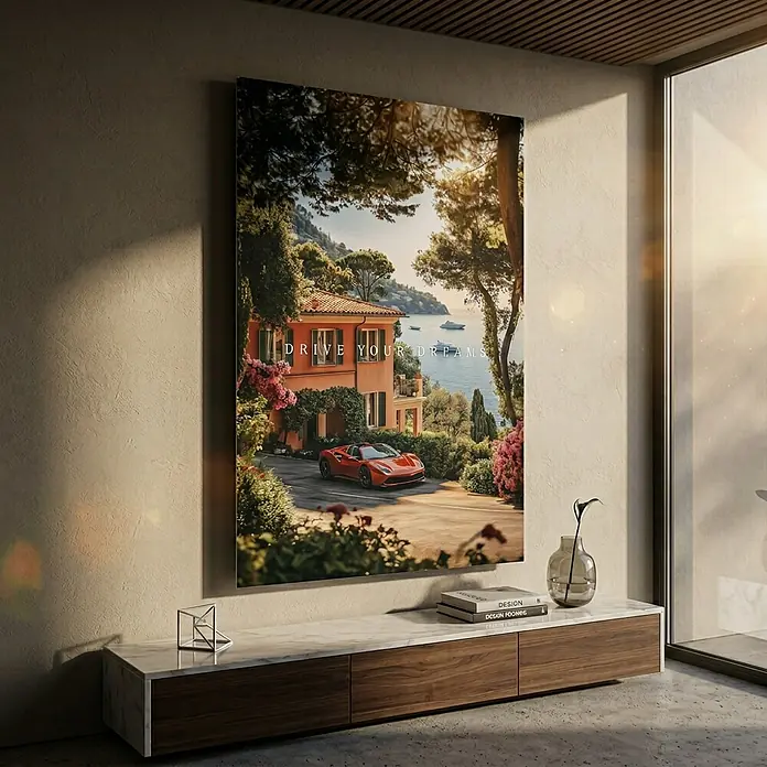 Dotcomcanvas Decopanel - Drive Your Dreams, B x H: 58 x 90 cm - Großes Wandbild mit einer Landschaft, das einen roten Sportwagen und den Text 'DRIVE YOUR DREAMS' zeigt.