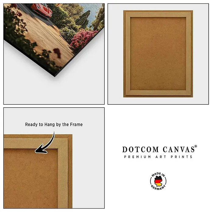 Dotcomcanvas Decopanel - Drive Your Dreams, B x H: 58 x 90 cm - Ein Leinwanddruck mit naturhellbraunem Holzrahmen, aus verschiedenen Blickwinkeln gezeigt, der seine Aufhängebereitschaft betont.