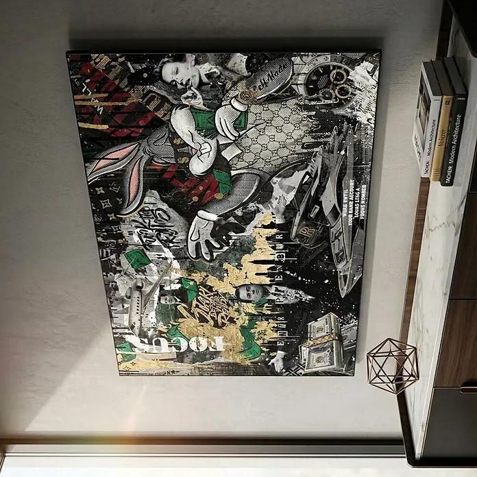 Dotcomcanvas Decopanel - Business Bunny, B x H: 78 x 116 cm - Ein großes, farbenfrohes Pop-Art-Leinwandbild mit Bugs Bunny, Luxusmarkenmustern, Goldakzenten und Text.