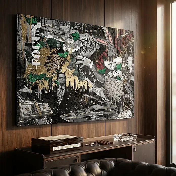 Dotcomcanvas Decopanel - Business Bunny, B x H: 78 x 116 cm - Großes, lebendiges Mixed-Media-Kunstgemälde mit Popkultur- und Luxusmotiven, als Wanddeko über dunklem Holzschreibtisch.