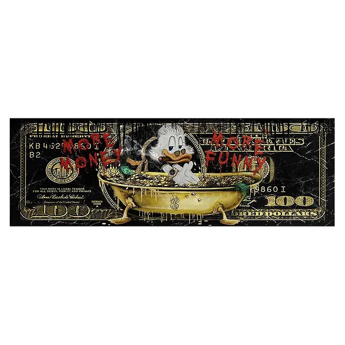 Dotcomcanvas Decopanel - More Money Duck, B x H: 52 x 156 cm - Pop-Art-Druck: Dagobert Duck in Goldmünzenbad auf schwarzem 100-Dollar-Schein, mit rotem Text „MORE MONEY MORE FUNNY“.