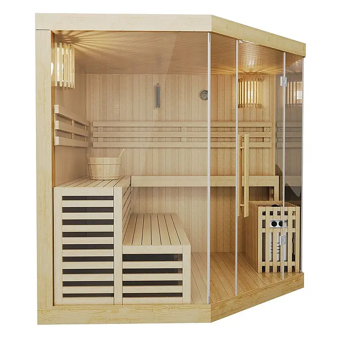 Artsauna Elementsauna Espoo - L x B x H: 200 x 200 x 200 cm - Ecksaunakabine aus hellem Holz mit Glaswänden, Innenbänken und Saunaofen.