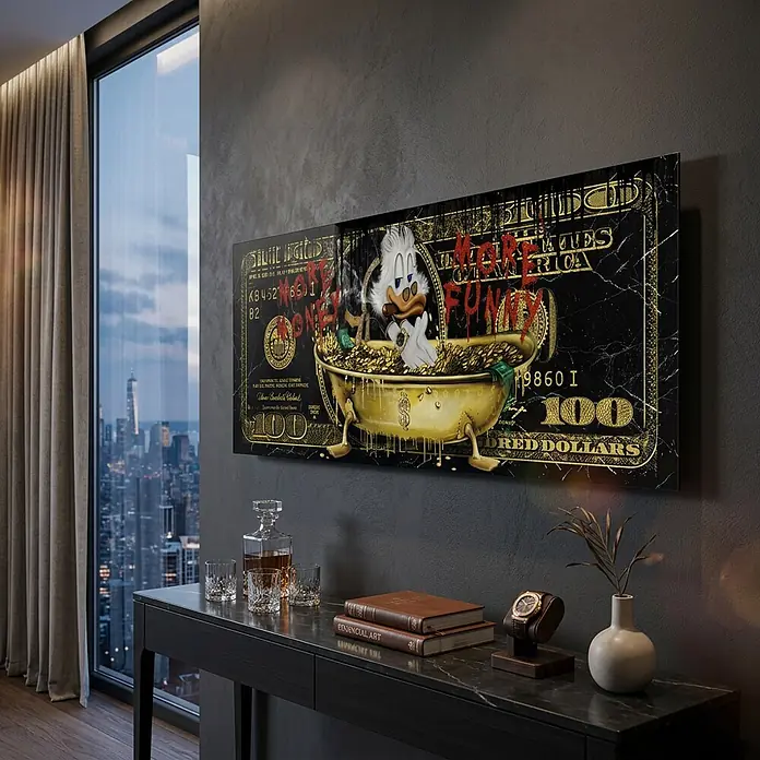 Dotcomcanvas Decopanel - More Money Duck, B x H: 52 x 156 cm - Rechteckiges Wandbild mit einem Cartoon-Erpel in einer goldenen, mit Geld gefüllten Badewanne auf einem schwarz-goldenen Dollarnoten-Design in einem modernen Raum.