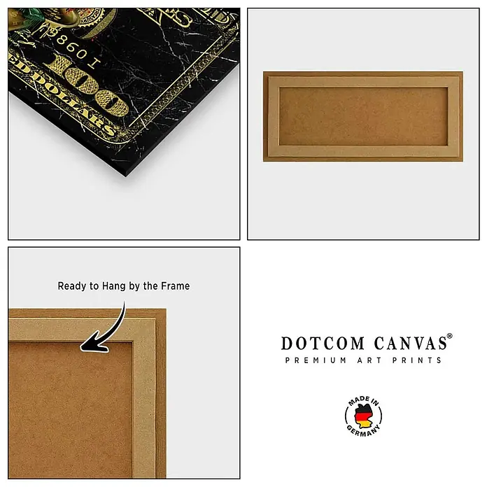 Dotcomcanvas Decopanel - More Money Duck, B x H: 52 x 156 cm - Leinwandbild mit 100-Dollar-Motiv in Schwarz-Gold, mit Holzrahmen, fertig zum Aufhängen.