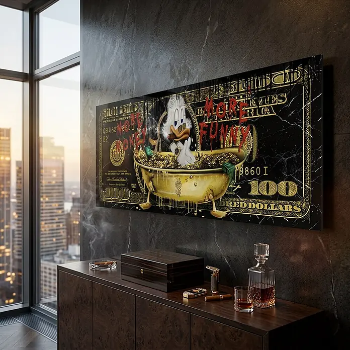 Dotcomcanvas Decopanel - More Money Duck, B x H: 52 x 156 cm - Rechteckiger Kunstdruck: Dagobert Duck in Geldwanne auf schwarz-goldener Dollarnote, schmückt modernen Raum.
