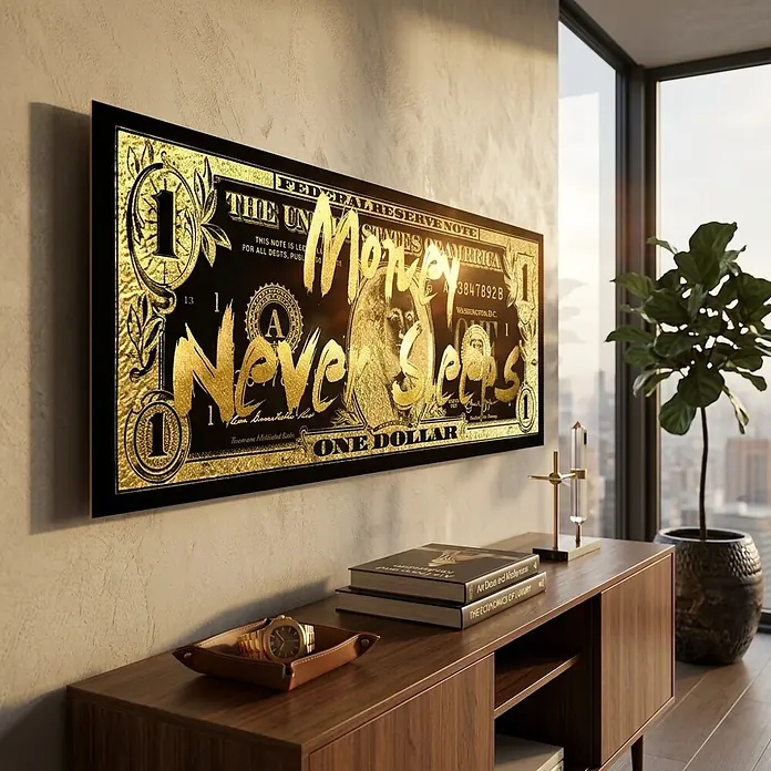 Dotcomcanvas Decopanel - Money never sleeps, B x H: 52 x 156 cm - Großes, schwarz-goldenes gerahmtes Kunstwerk einer stilisierten Dollarnote mit „Money Never Sleeps“-Text als Wanddekor.