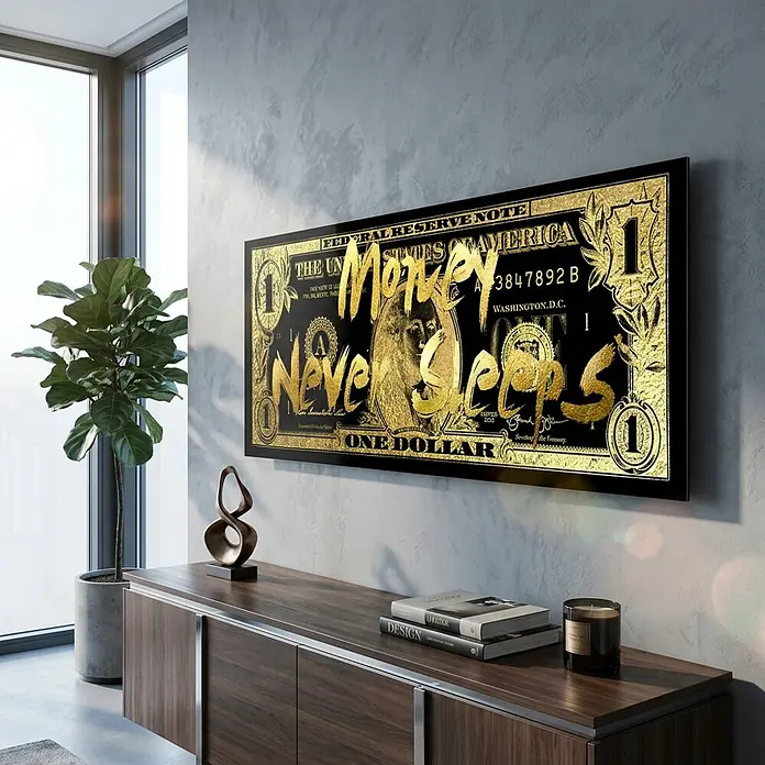Dotcomcanvas Decopanel - Money never sleeps, B x H: 52 x 156 cm - Großes schwarz-goldenes "Money Never Sleeps" Dollar-Kunstwerk, gerahmt über einer Holzkommode.