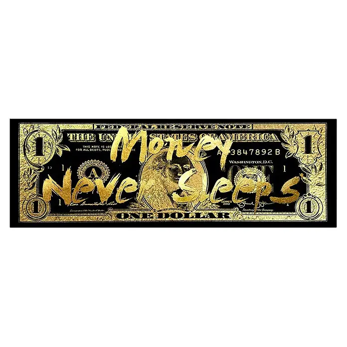 Dotcomcanvas Decopanel - Money never sleeps, B x H: 52 x 156 cm - Schwarze Ein-Dollar-Schein-Kunst mit goldenem Text "Money Never Sleeps".