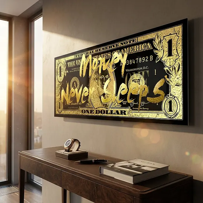 Dotcomcanvas Decopanel - Money never sleeps, B x H: 52 x 156 cm - Großes schwarz-goldenes gerahmtes Kunstwerk, das eine Dollarnote mit der Aufschrift „Money Never Sleeps“ darstellt, über einem Konsolentisch an der Wand.
